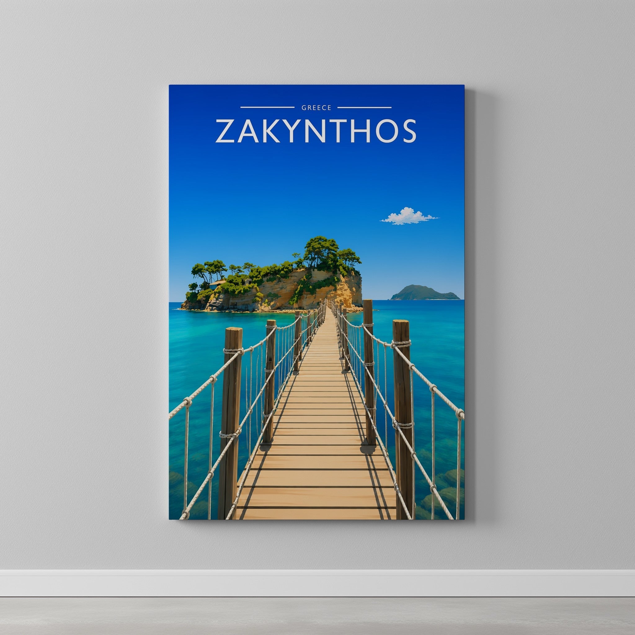 Zakynthos #2 Travel Poster as a gallery-wrapped canvas on a plain wall
