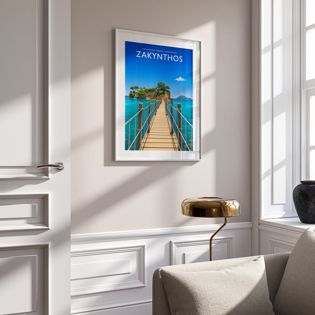 Zakynthos #2 Travel Poster in a white frame on a panelled wall