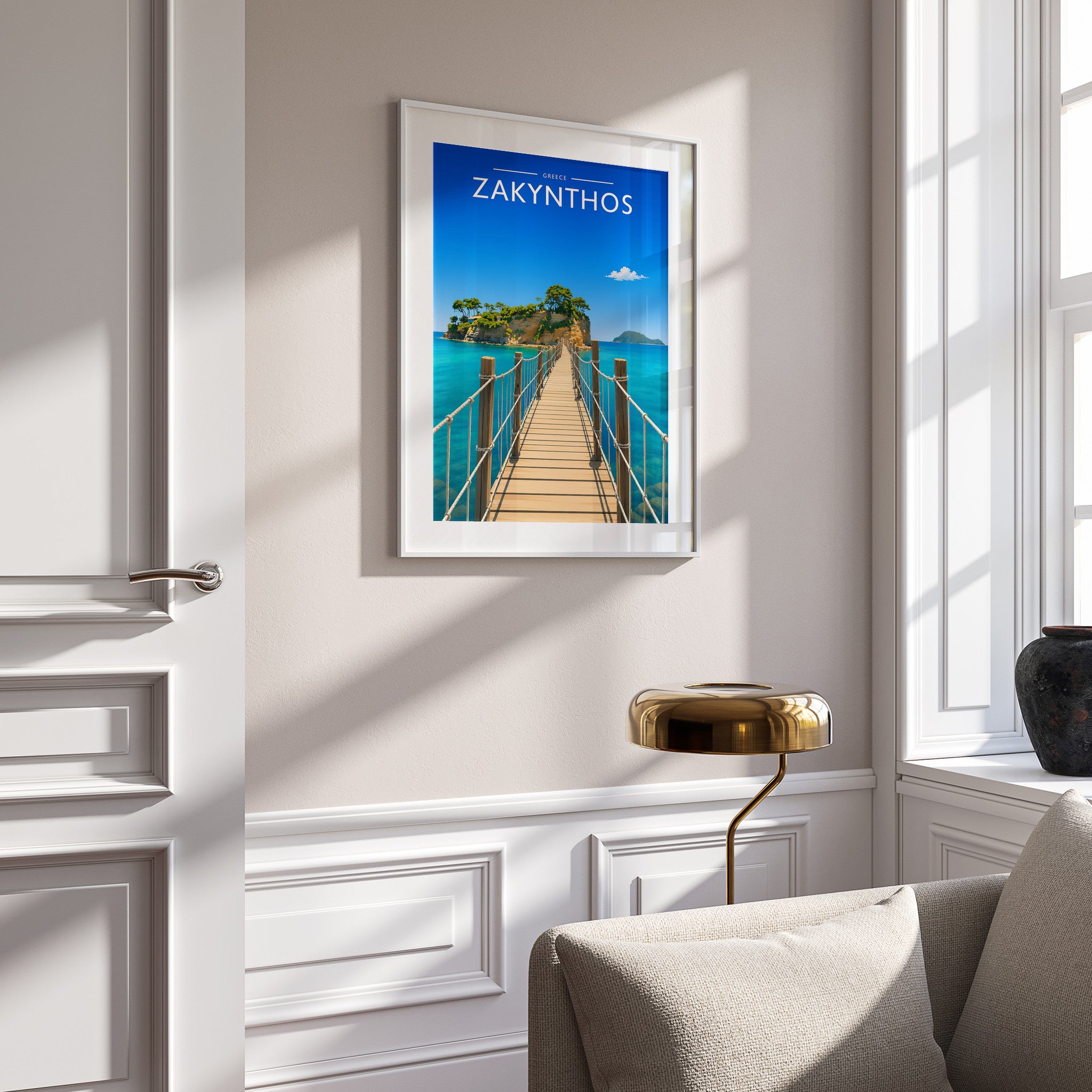 Zakynthos #2 Travel Poster in a white frame on a panelled wall