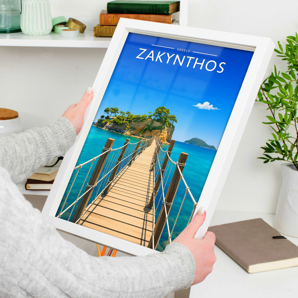 Zakynthos #2 Travel Poster in a white frame, held to show scale
