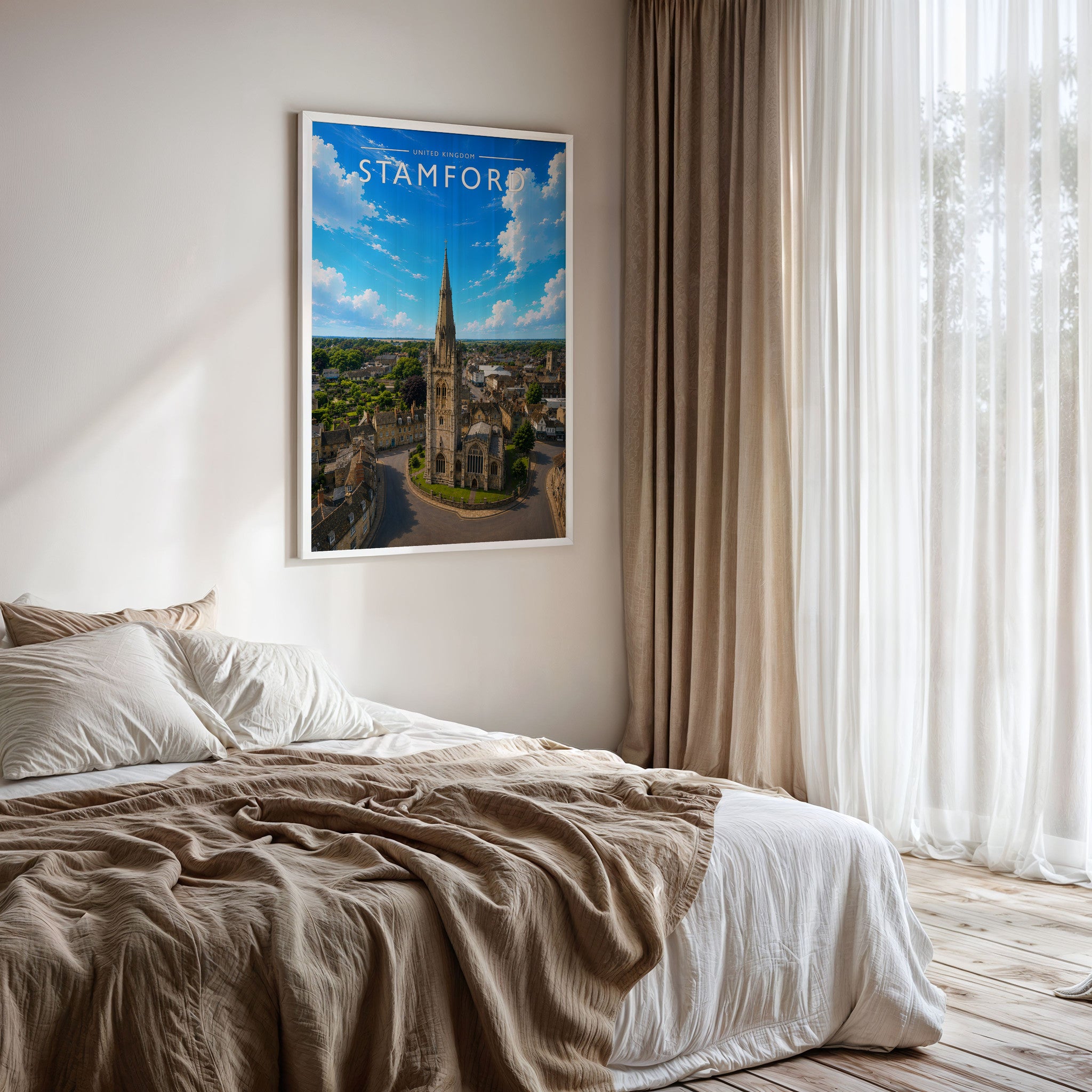 Stamford #11 Travel Poster framed on a bedroom wall