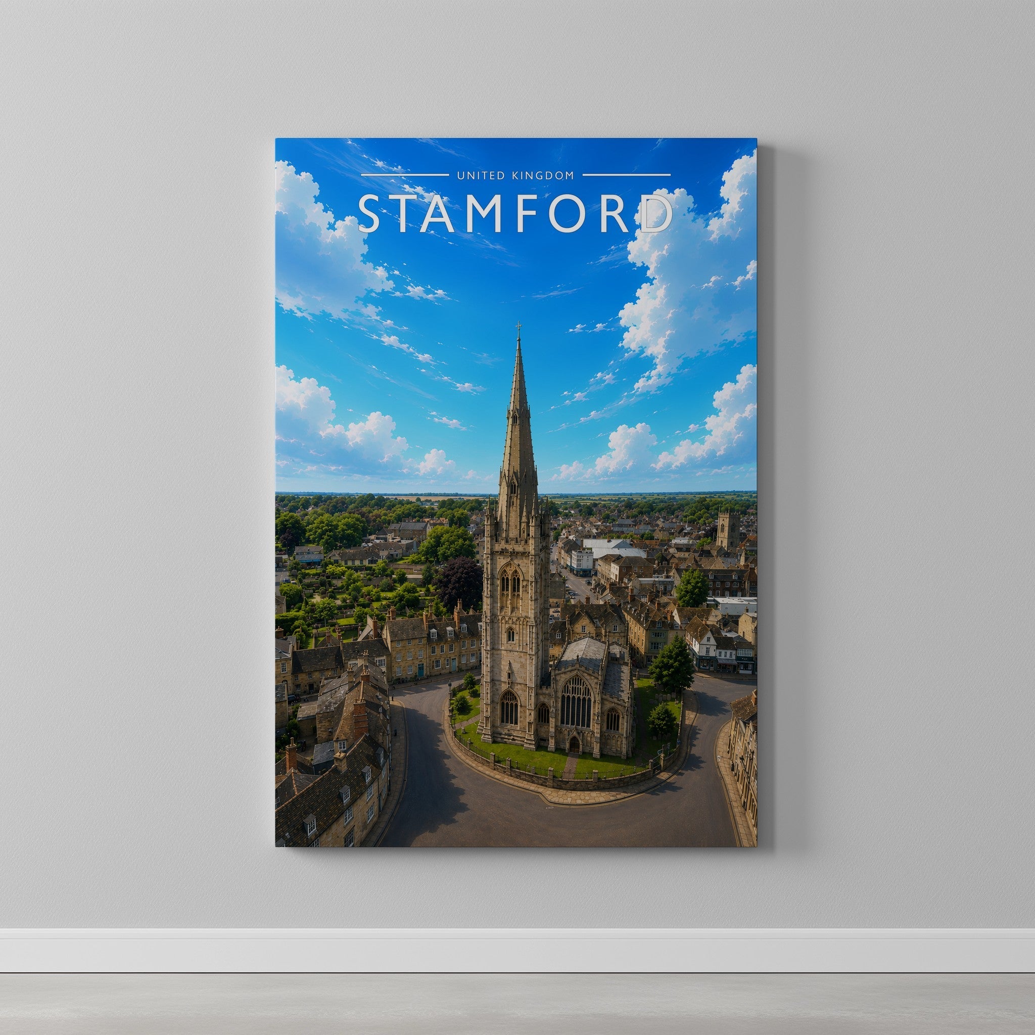 Stamford #11 Travel Poster as a gallery-wrapped canvas on a plain wall