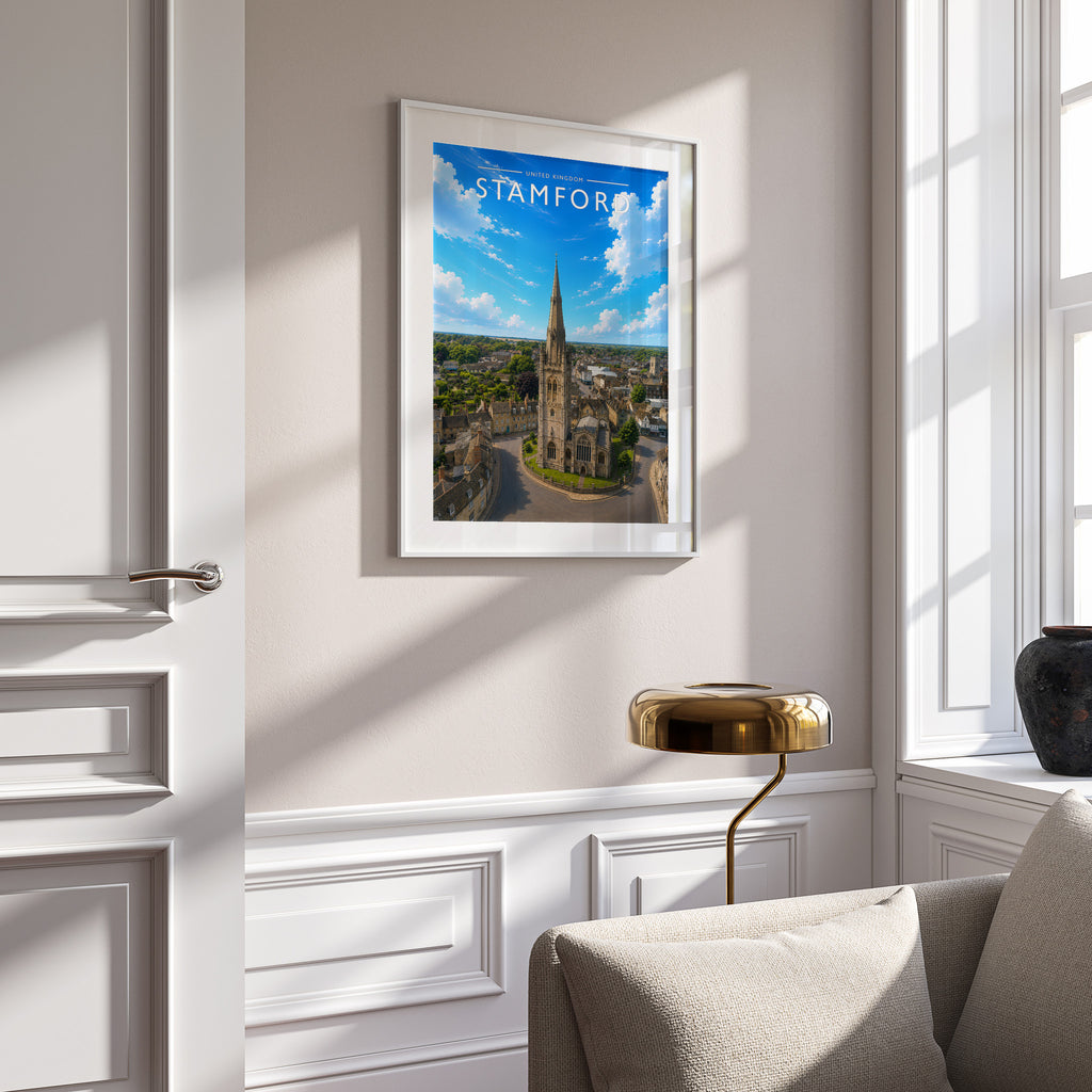 Stamford #11 Travel Poster in a white frame on a panelled wall