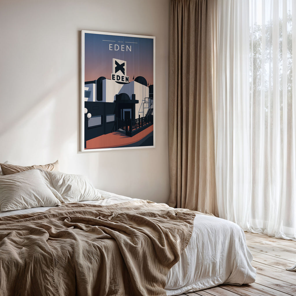 Ibiza Travel Poster framed on a bedroom wall