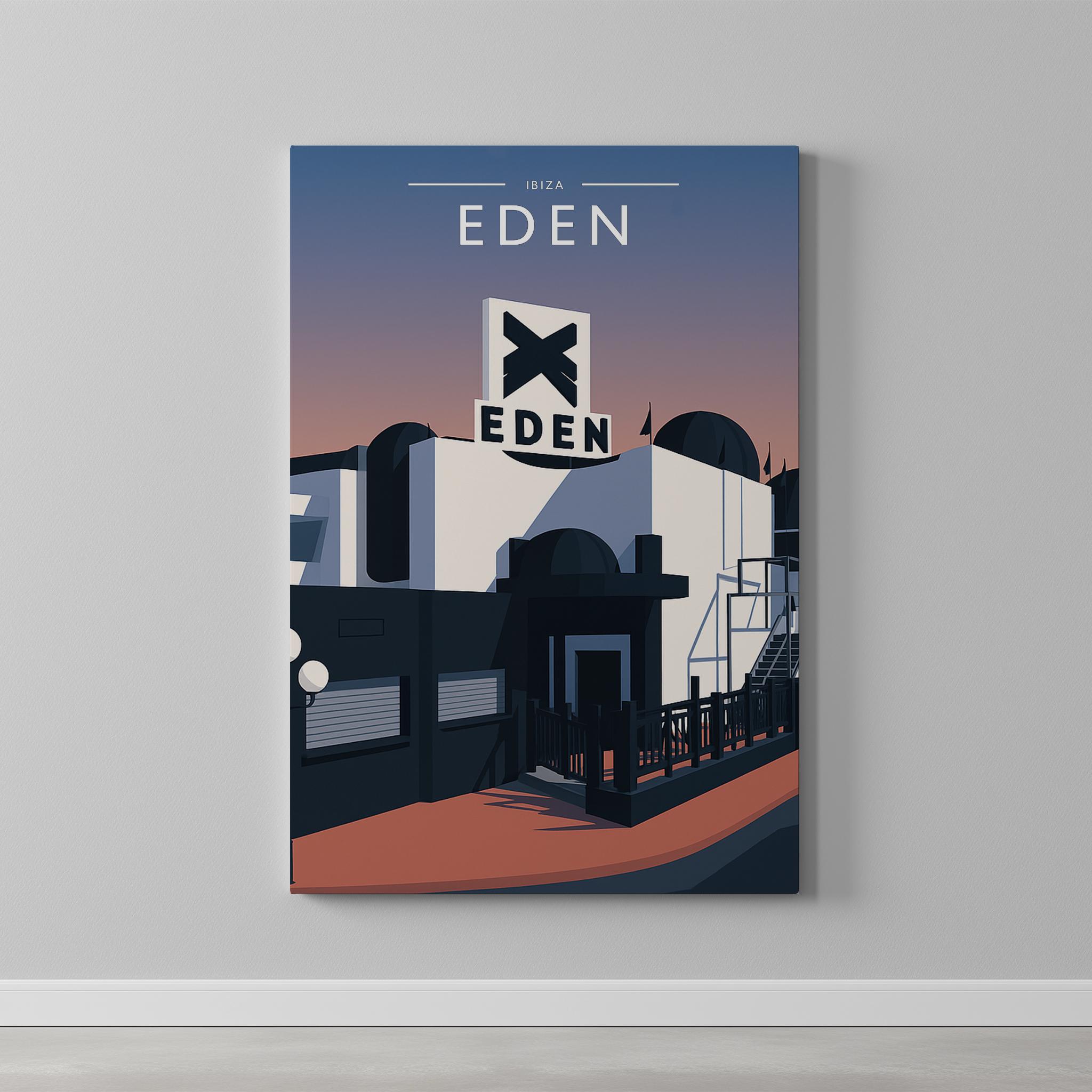 Ibiza Travel Poster as a gallery-wrapped canvas on a plain wall