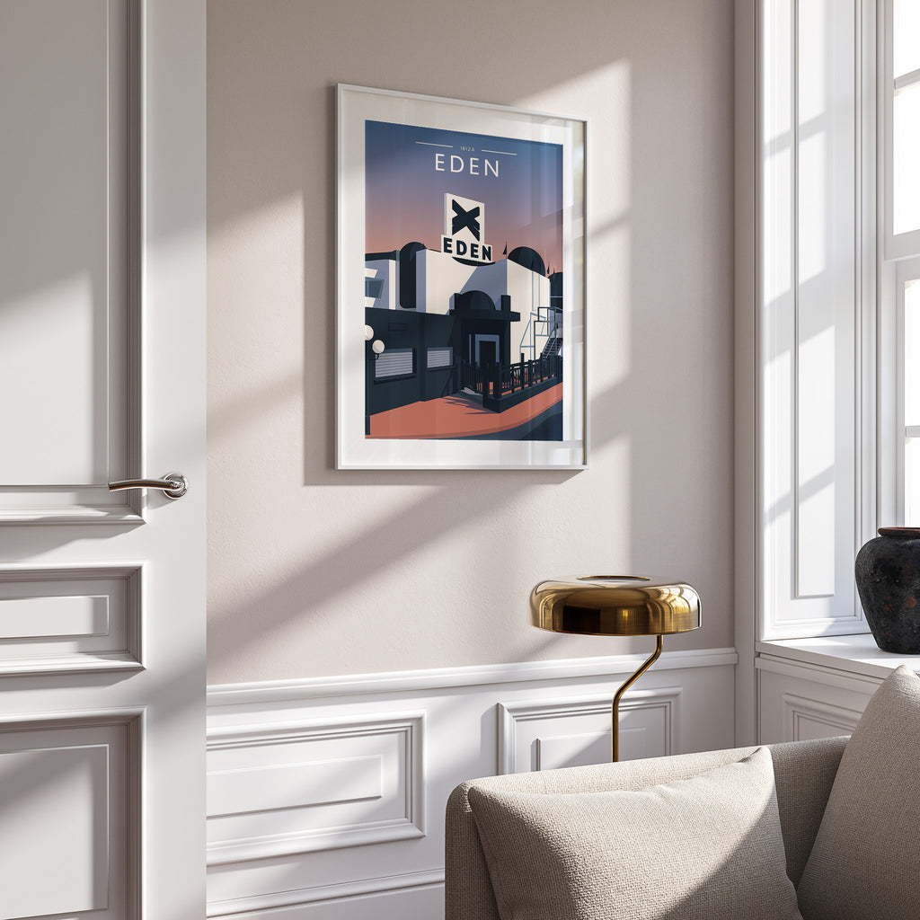 Ibiza Travel Poster in a white frame on a panelled wall