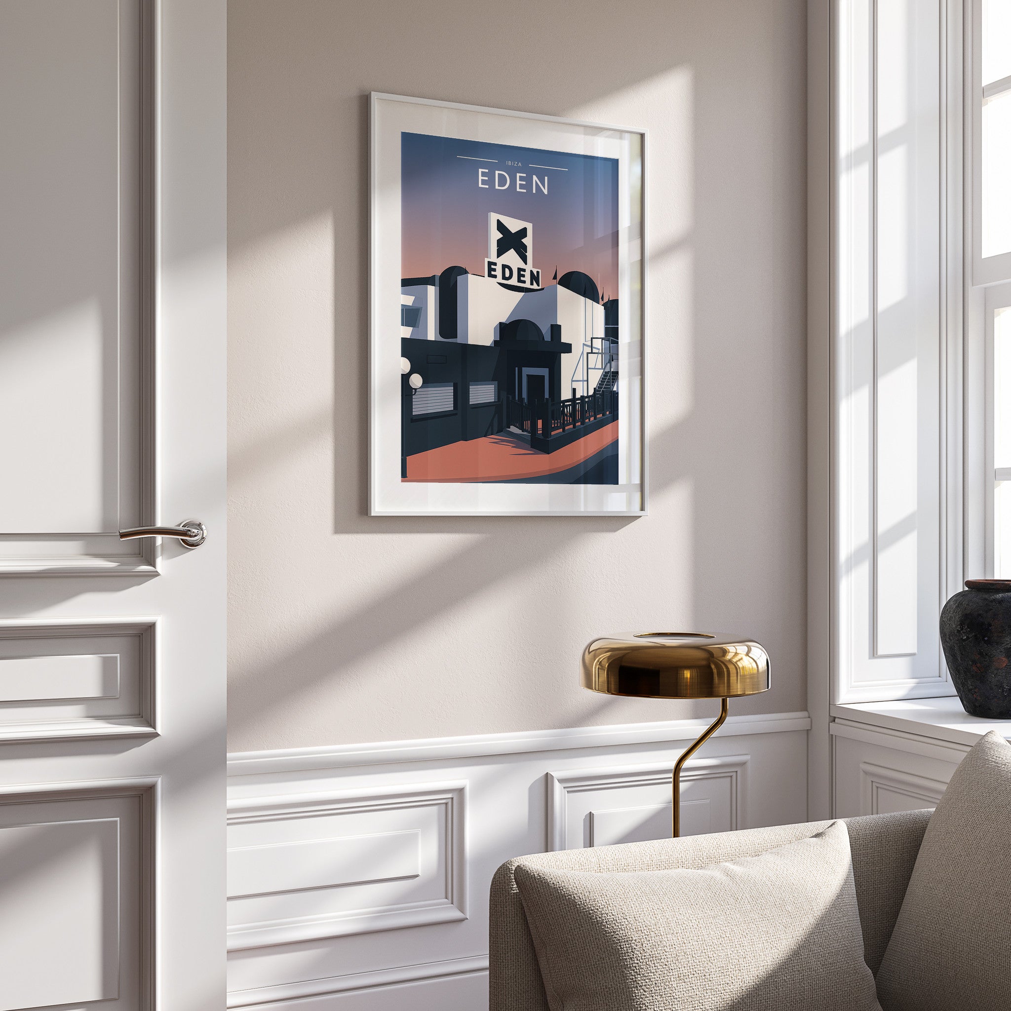 Ibiza Travel Poster in a white frame on a panelled wall