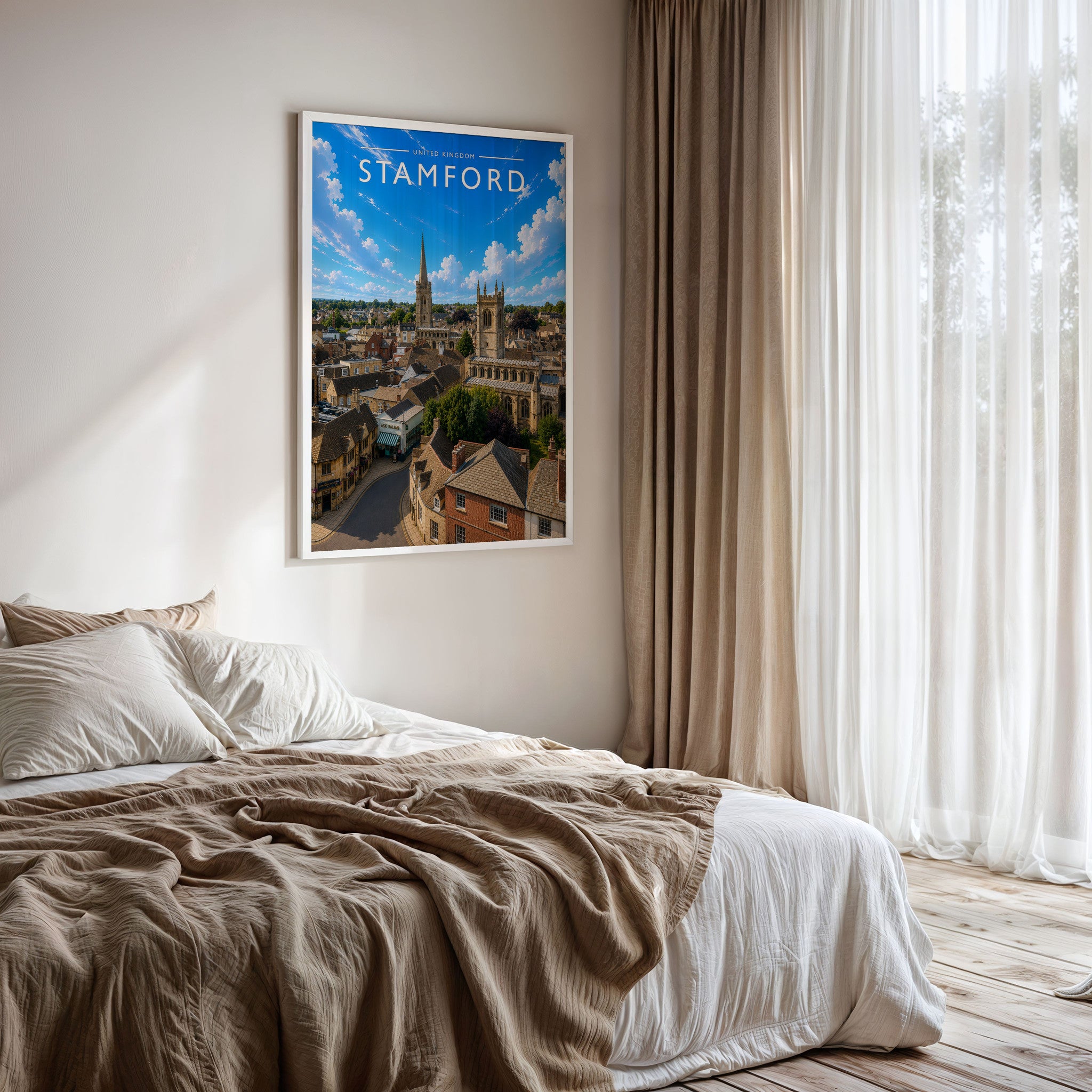 Stamford #12 Travel Poster framed on a bedroom wall