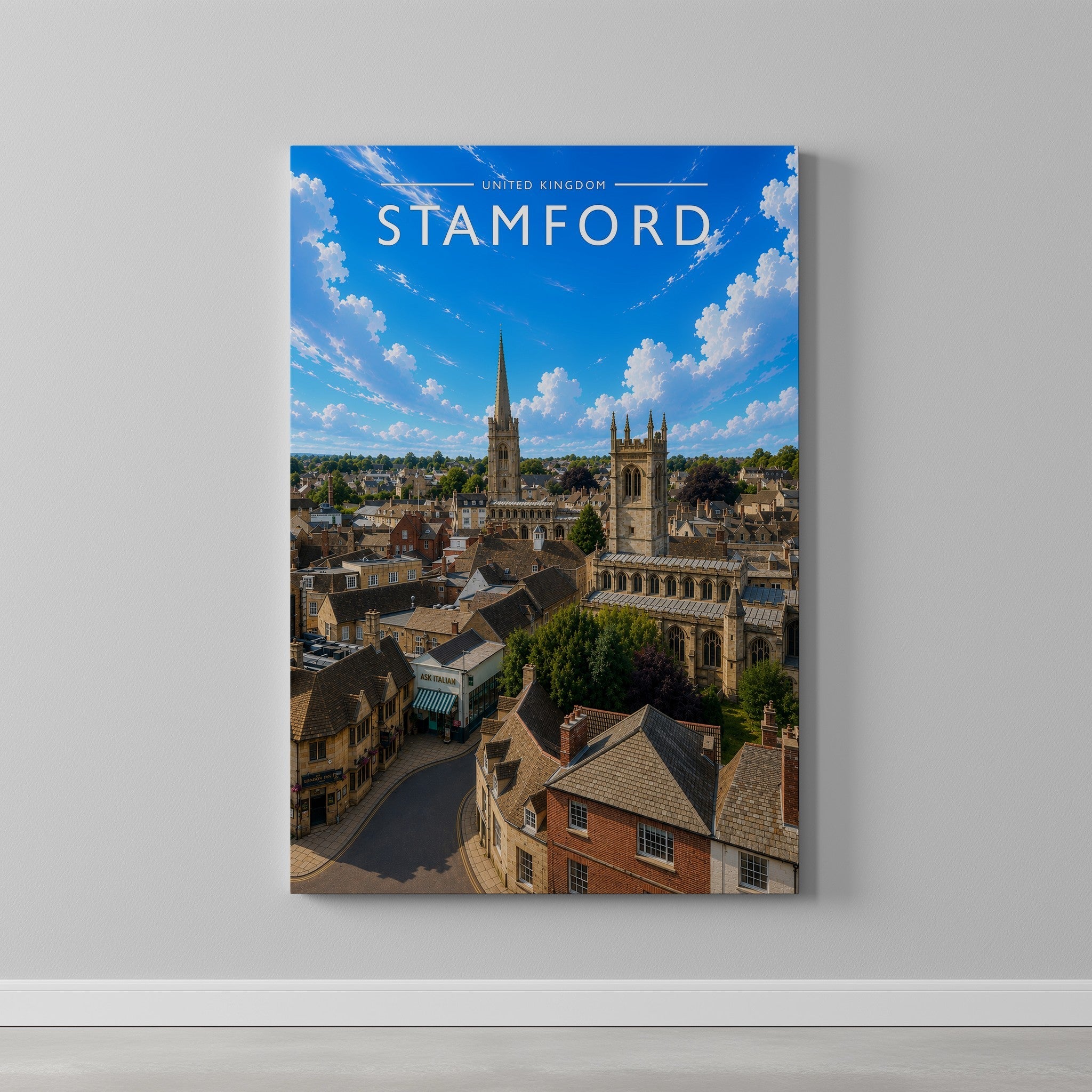 Stamford #12 Travel Poster as a gallery-wrapped canvas on a plain wall