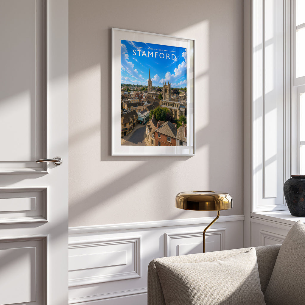 Stamford #12 Travel Poster in a white frame on a panelled wall