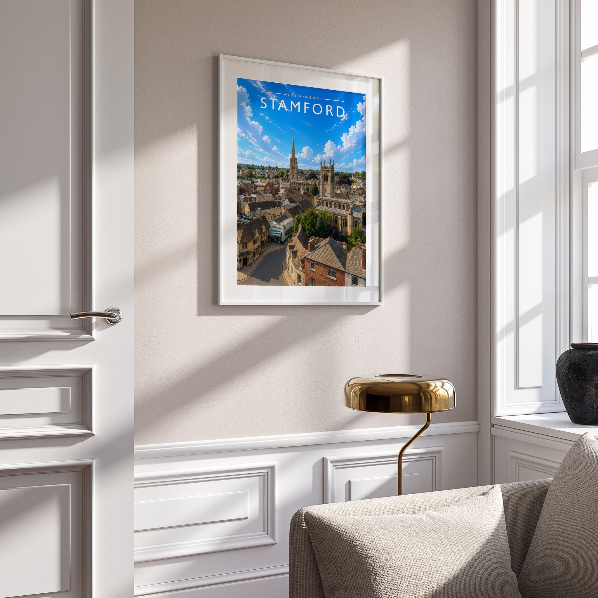 Stamford #12 Travel Poster in a white frame on a panelled wall