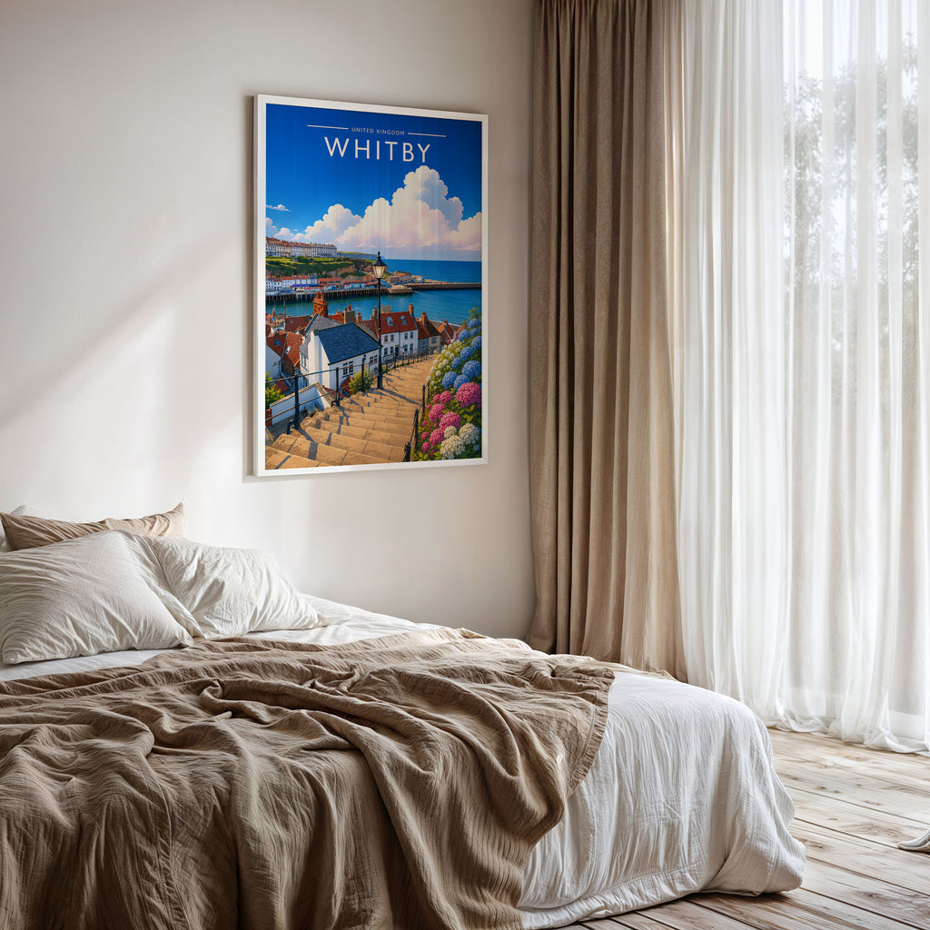 Whitby #3 Travel Poster framed on a bedroom wall