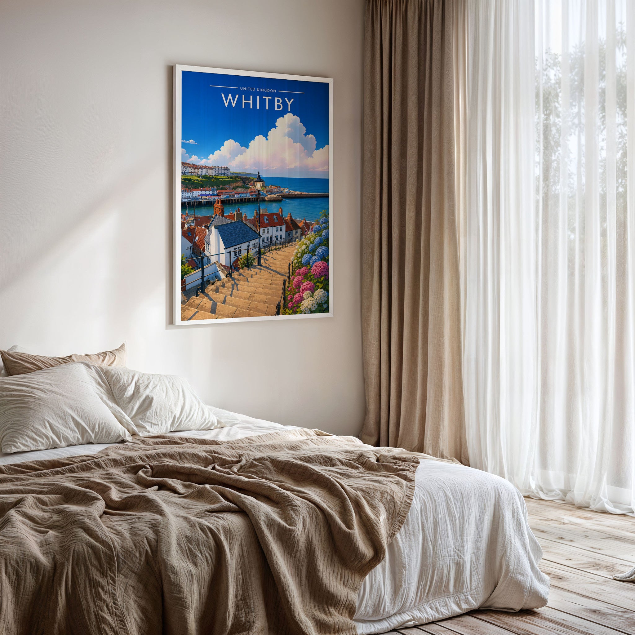 Whitby #3 Travel Poster framed on a bedroom wall