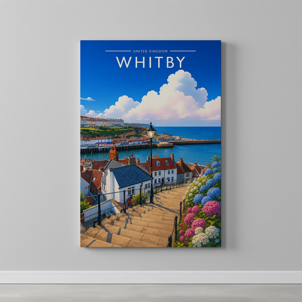 Whitby #3 Travel Poster as a gallery-wrapped canvas on a plain wall