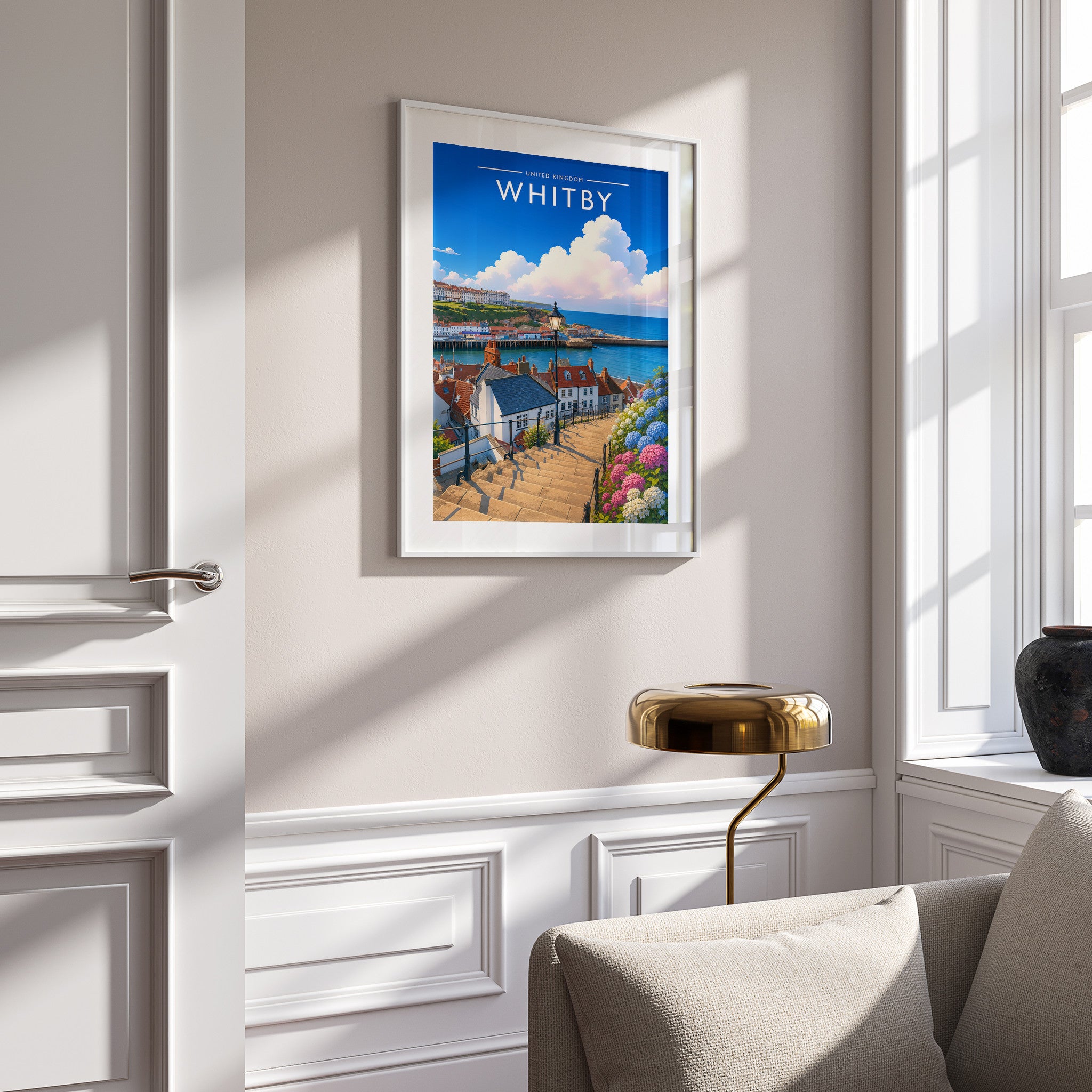 Whitby #3 Travel Poster in a white frame on a panelled wall