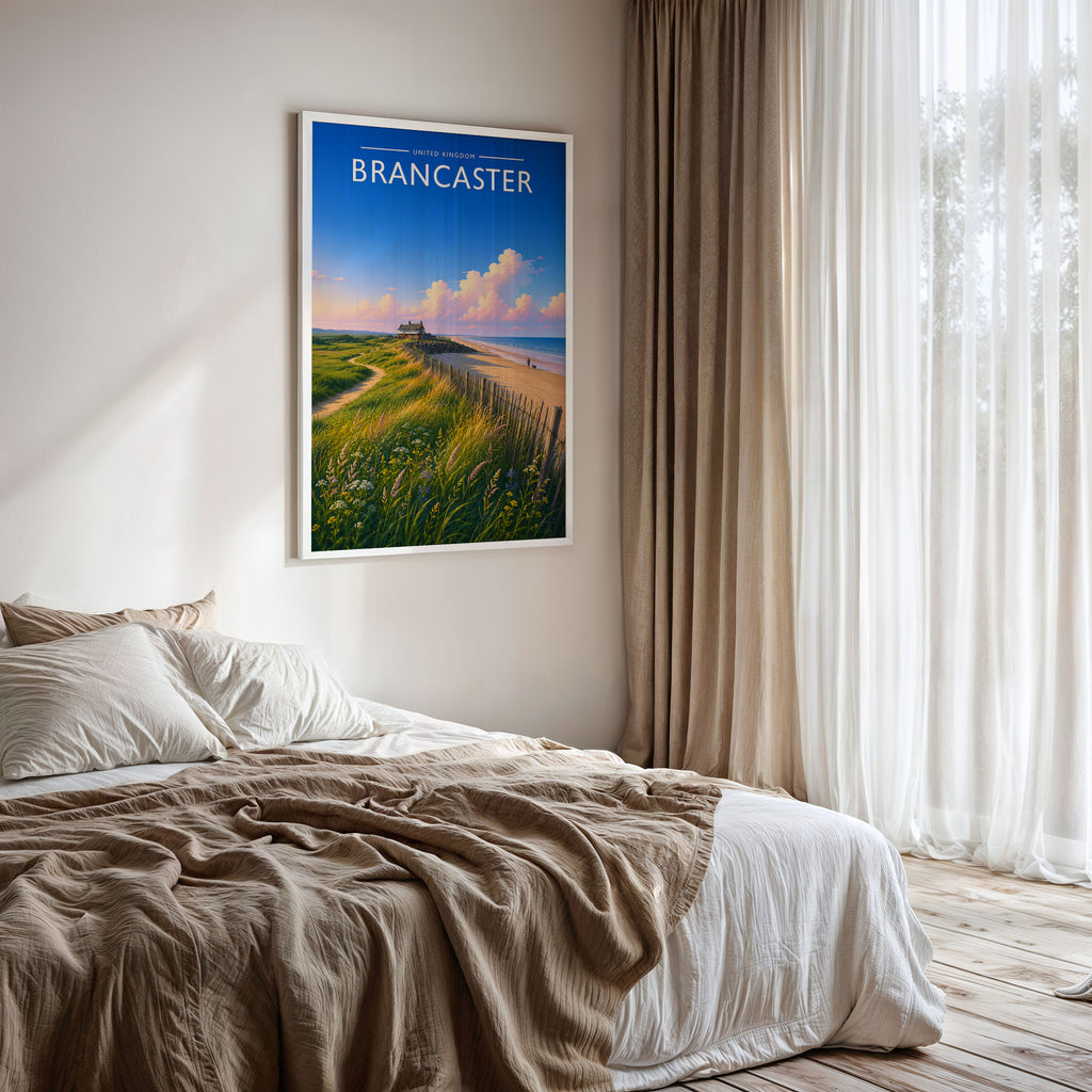 Brancaster #2 Travel Poster framed on a bedroom wall