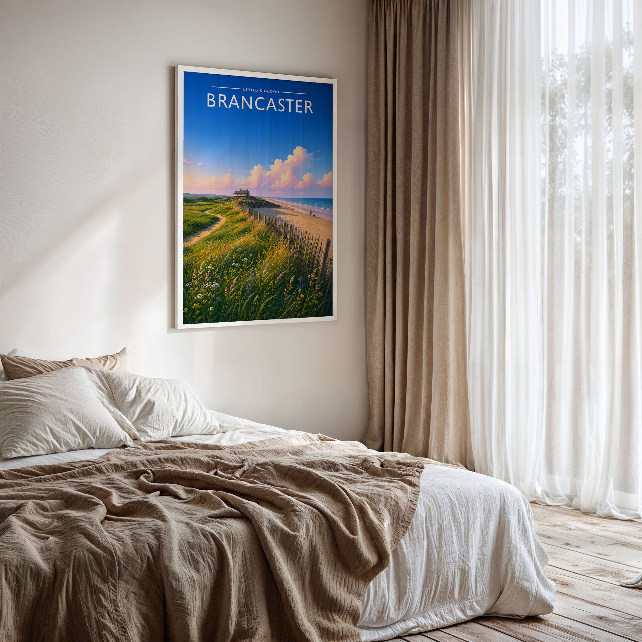 Brancaster #2 Travel Poster framed on a bedroom wall