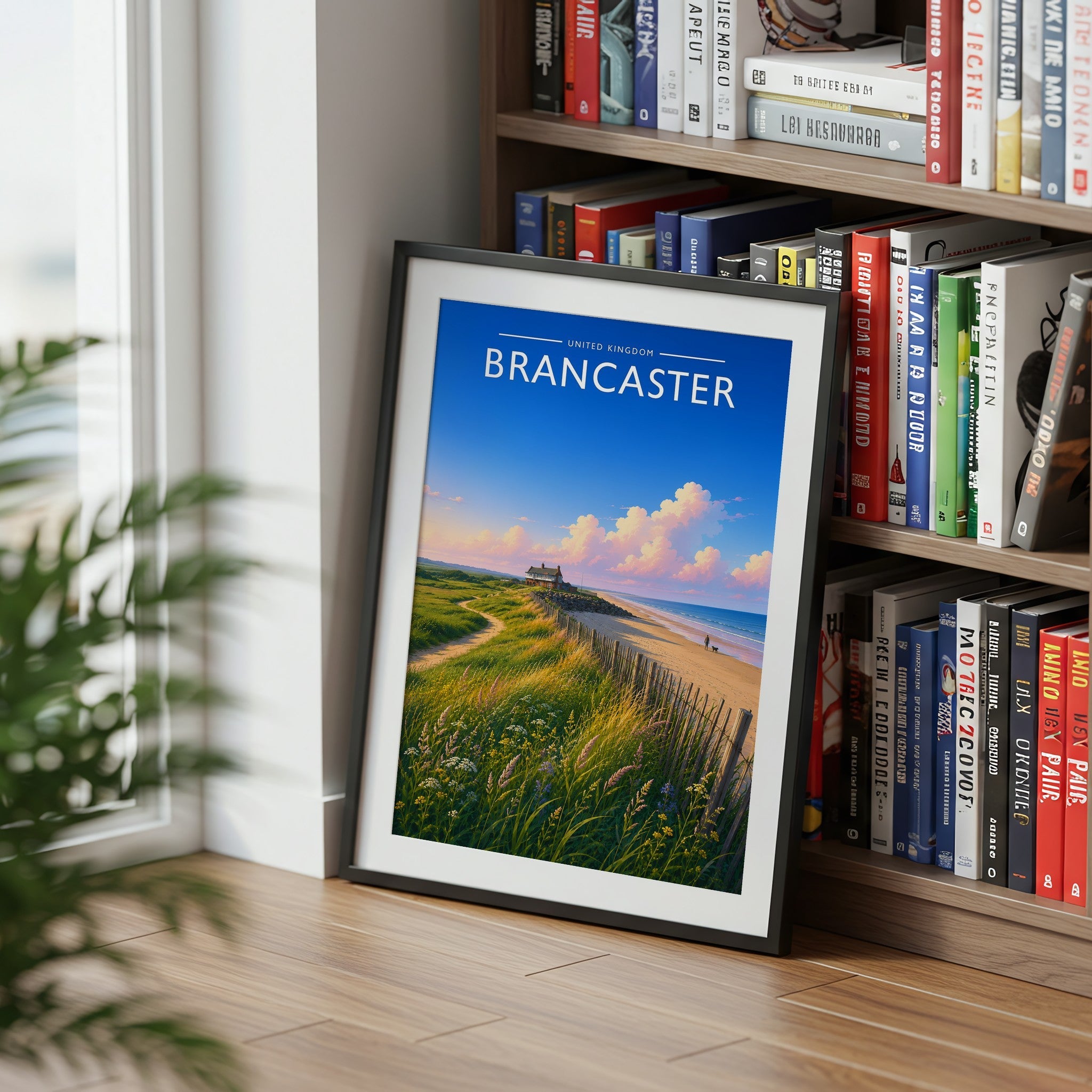 Brancaster #2 Travel Poster mounted in a black frame