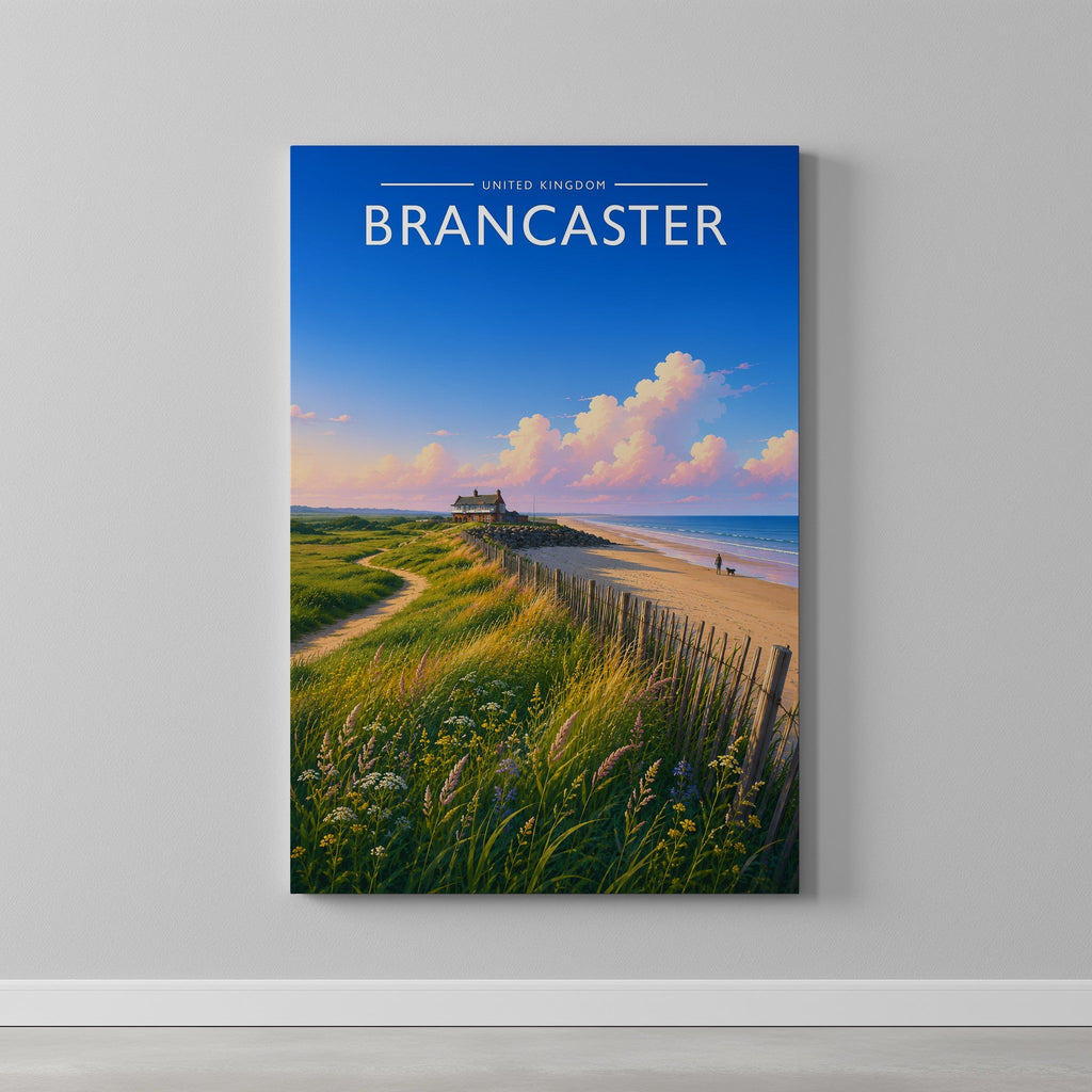Brancaster #2 Travel Poster as a gallery-wrapped canvas on a plain wall