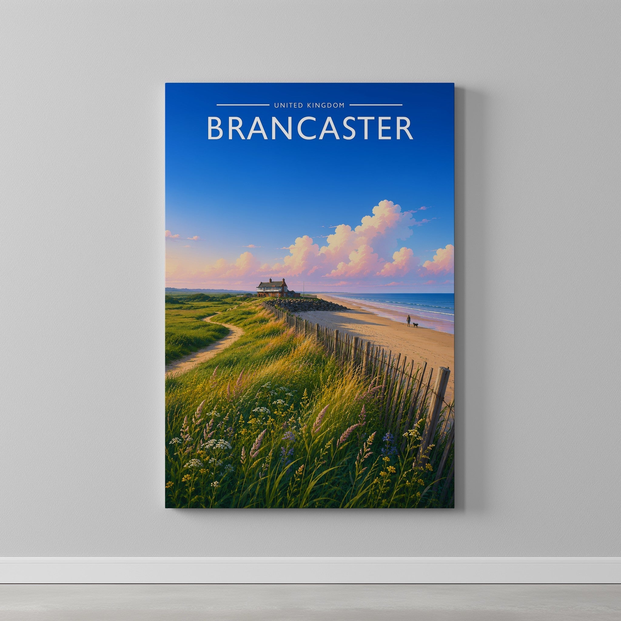 Brancaster #2 Travel Poster as a gallery-wrapped canvas on a plain wall