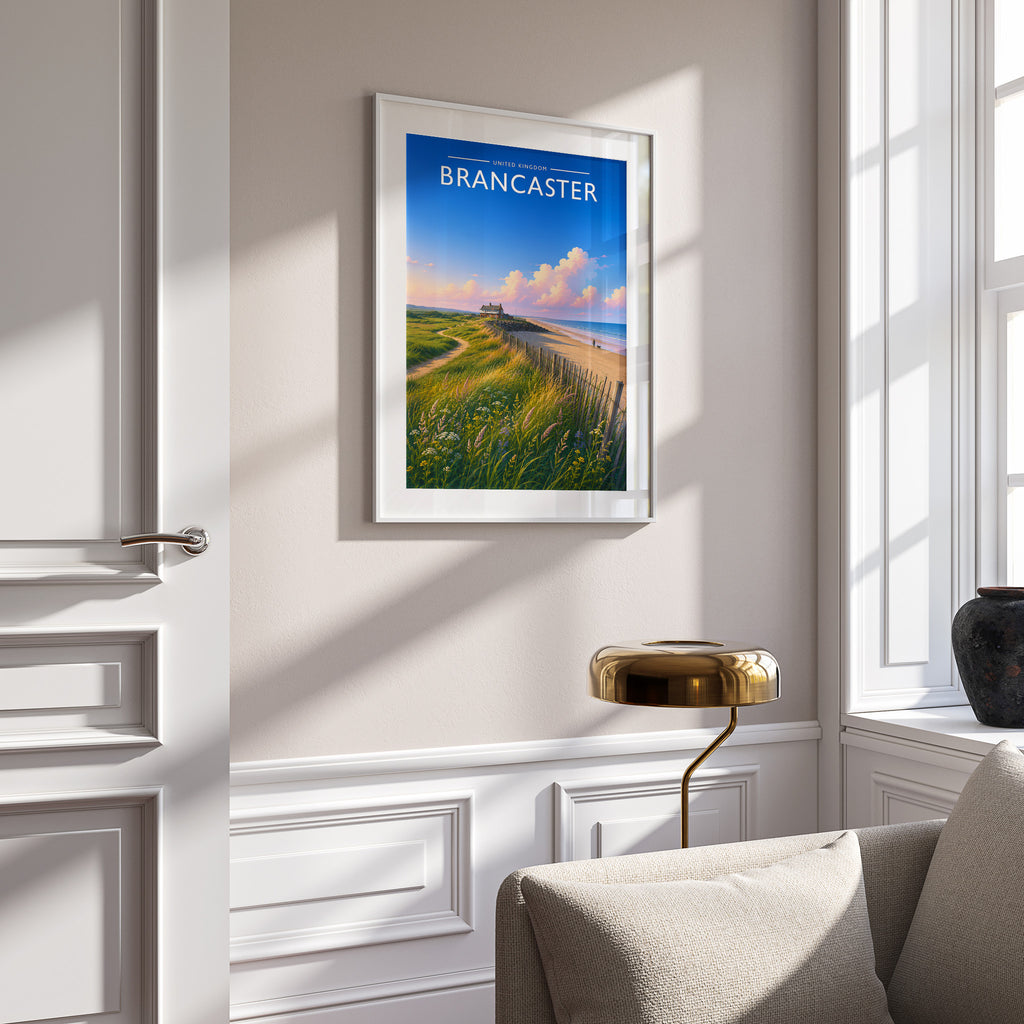 Brancaster #2 Travel Poster in a white frame on a panelled wall