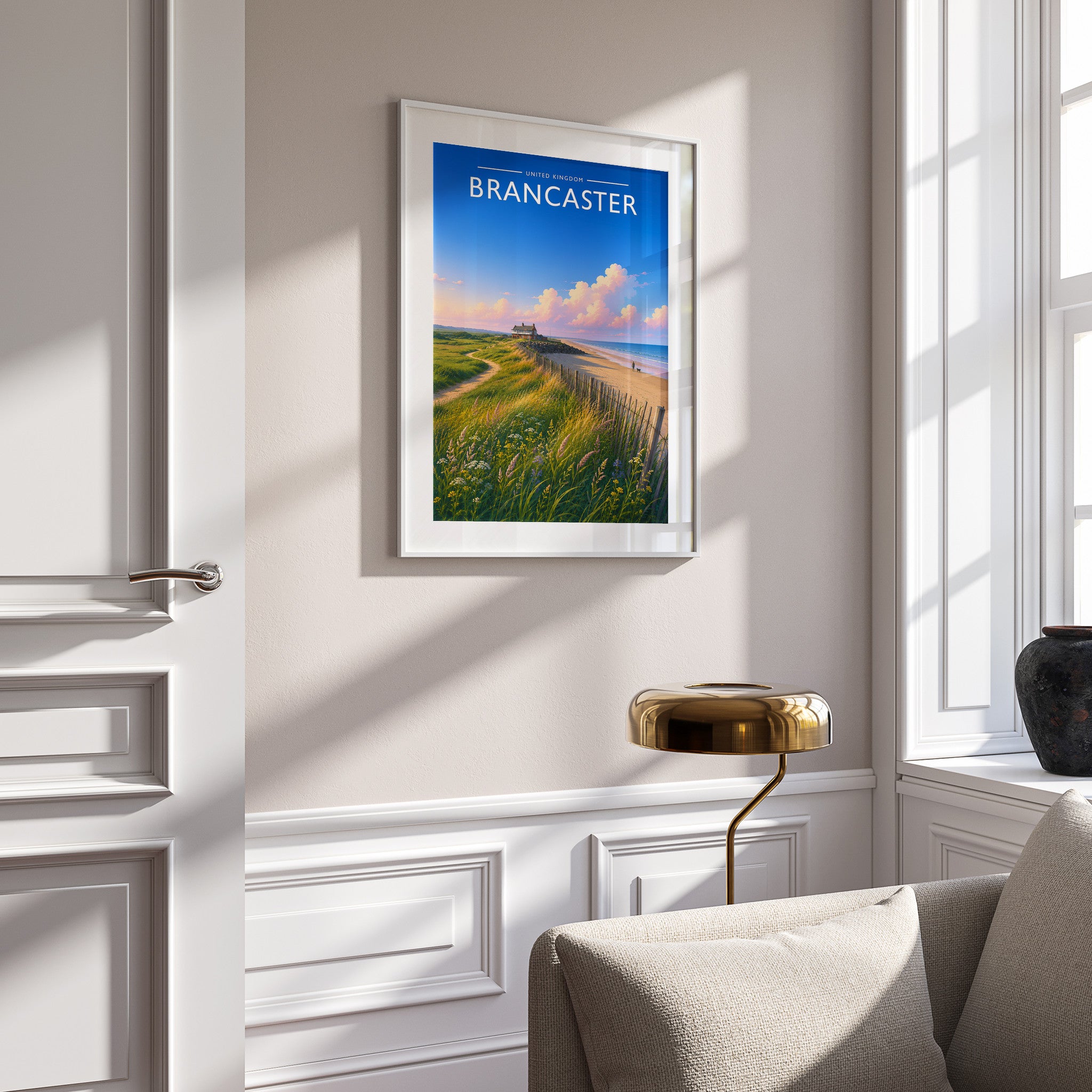Brancaster #2 Travel Poster in a white frame on a panelled wall