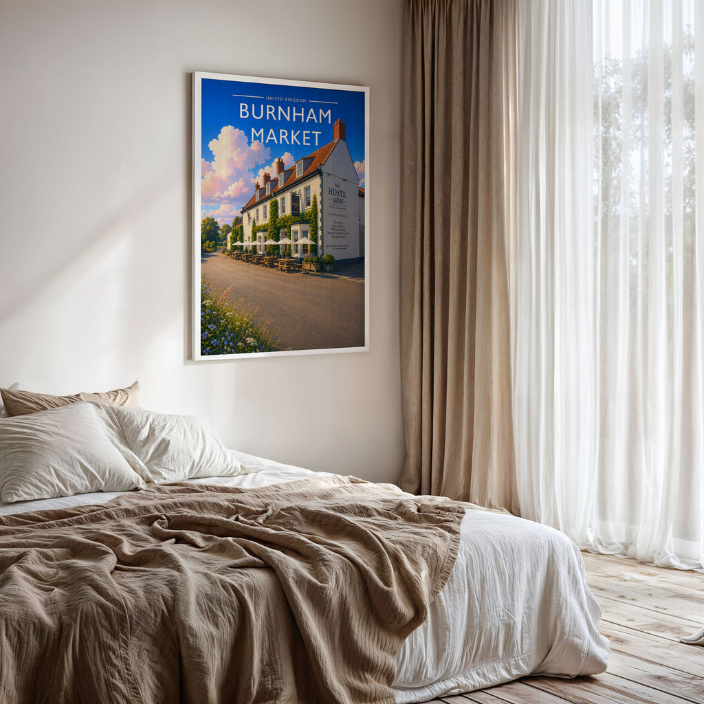 Burnham Market #3 Travel Poster framed on a bedroom wall