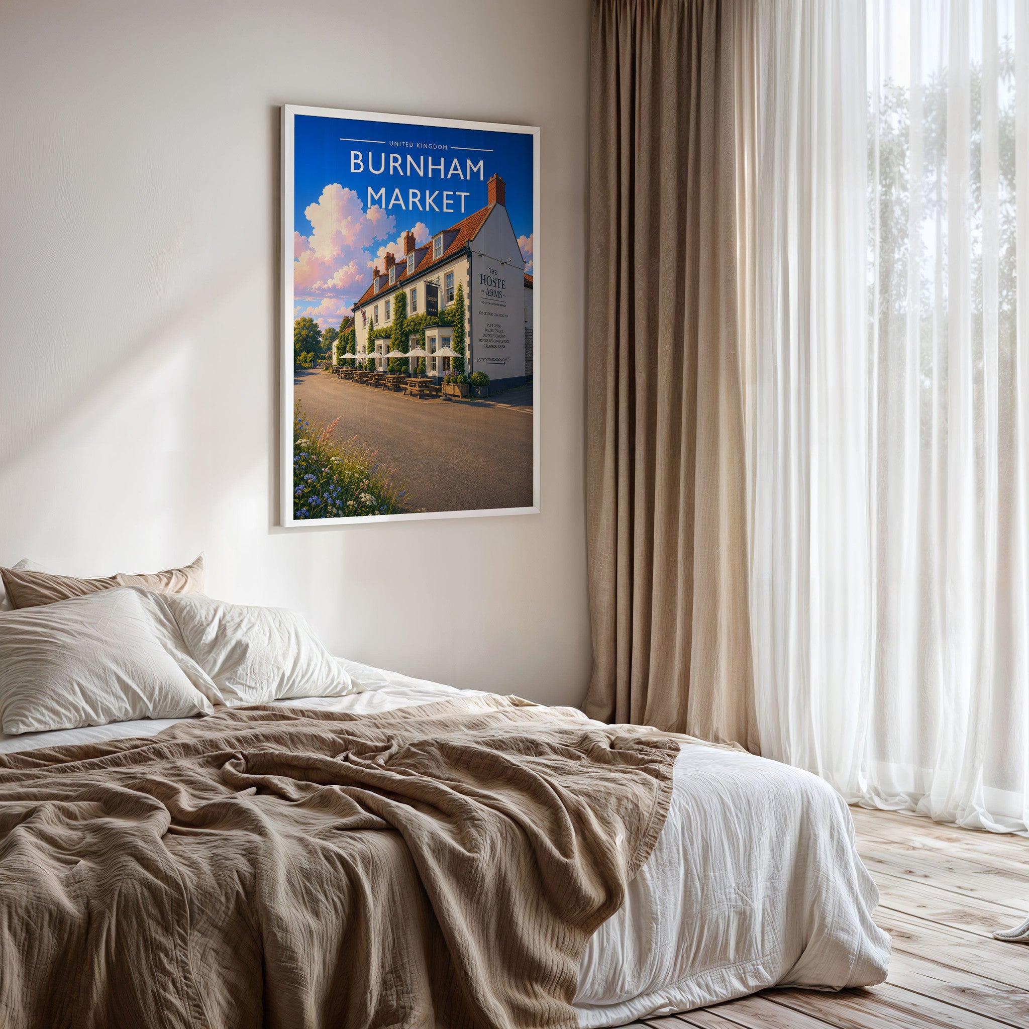 Burnham Market #3 Travel Poster framed on a bedroom wall