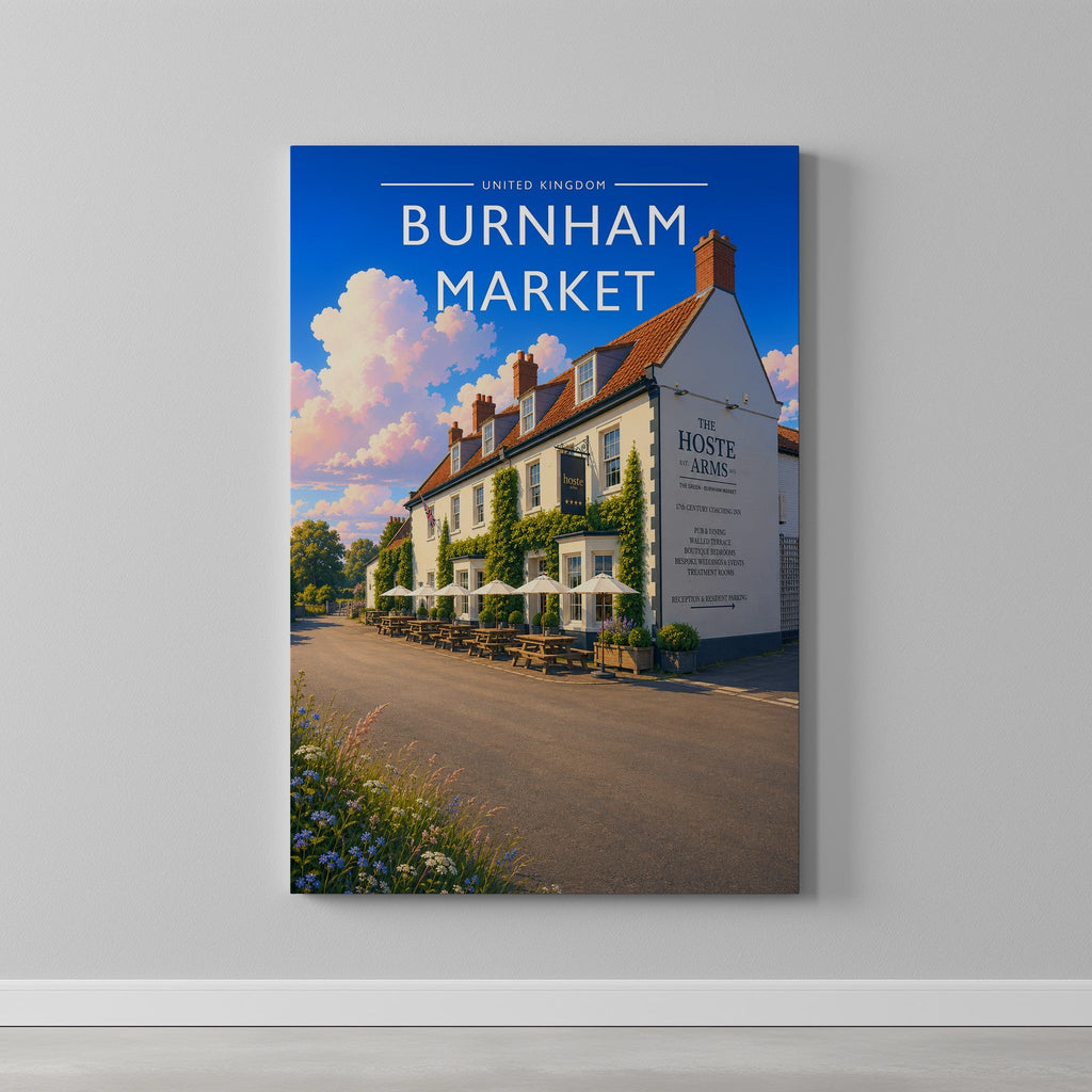 Burnham Market #3 Travel Poster as a gallery-wrapped canvas on a plain wall