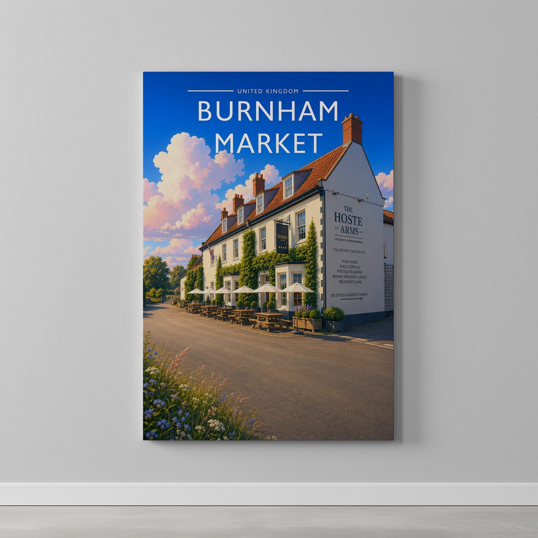 Burnham Market #3 Travel Poster as a gallery-wrapped canvas on a plain wall