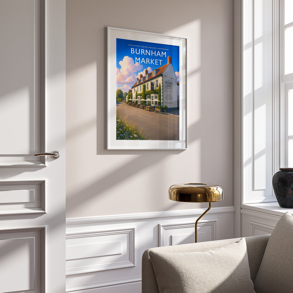 Burnham Market #3 Travel Poster in a white frame on a panelled wall