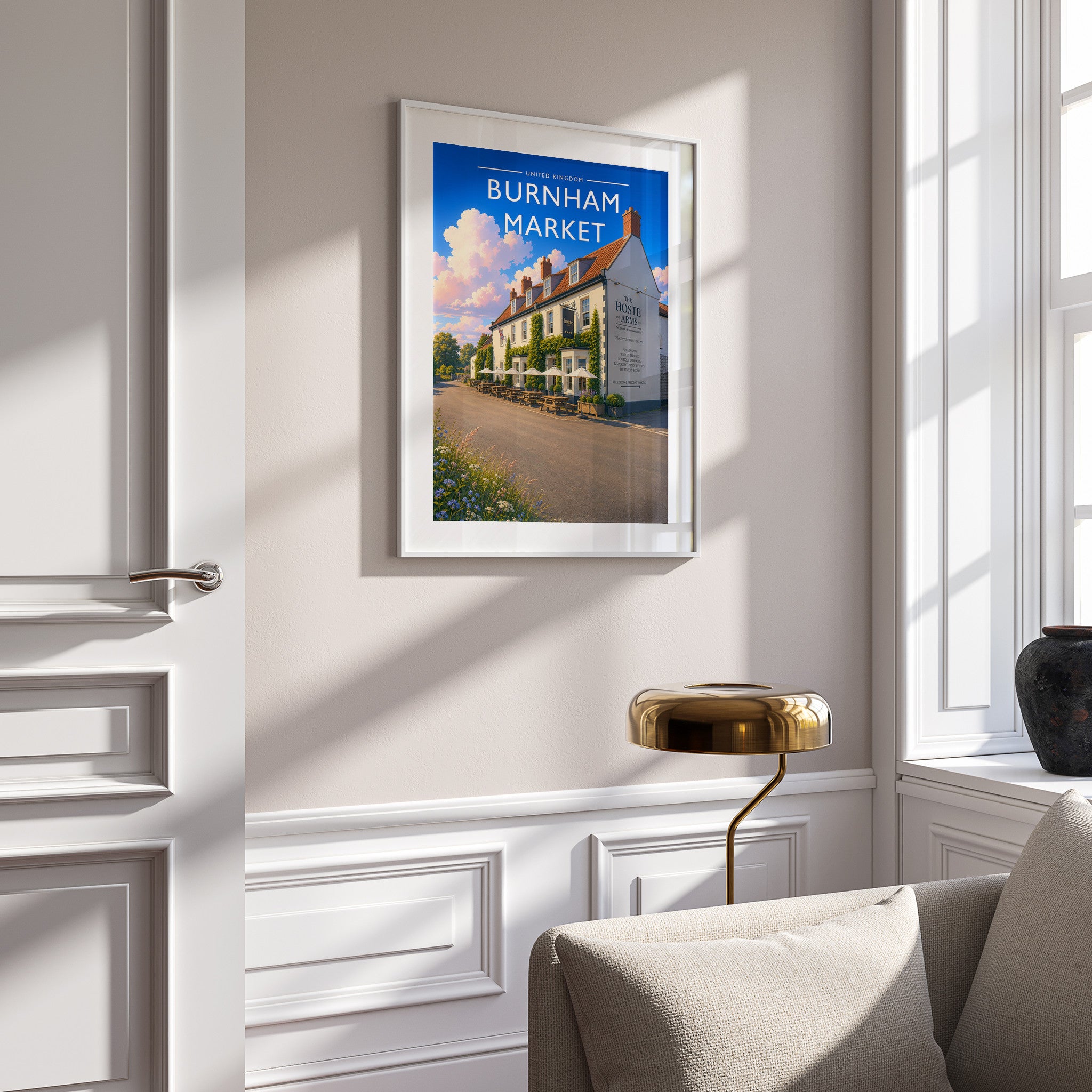 Burnham Market #3 Travel Poster in a white frame on a panelled wall