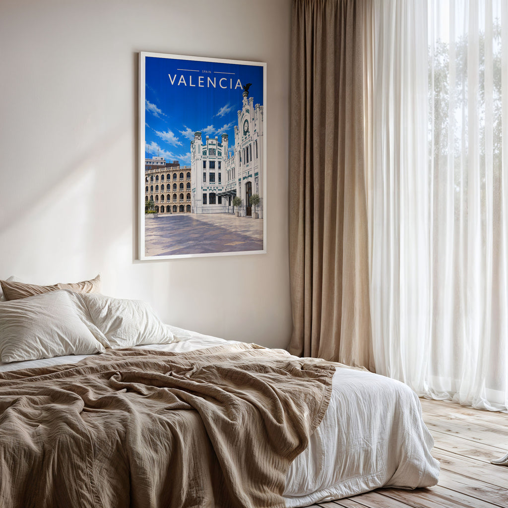 Valencia #2 Travel Poster framed on a bedroom wall