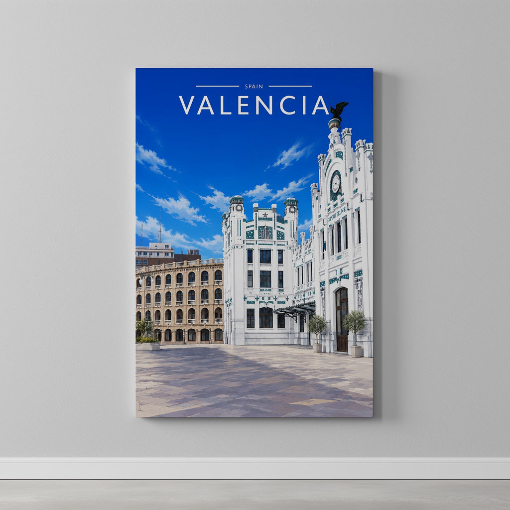 Valencia #2 Travel Poster as a gallery-wrapped canvas on a plain wall