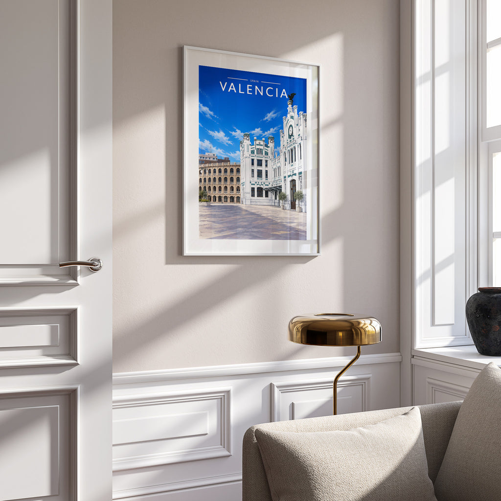 Valencia #2 Travel Poster in a white frame on a panelled wall