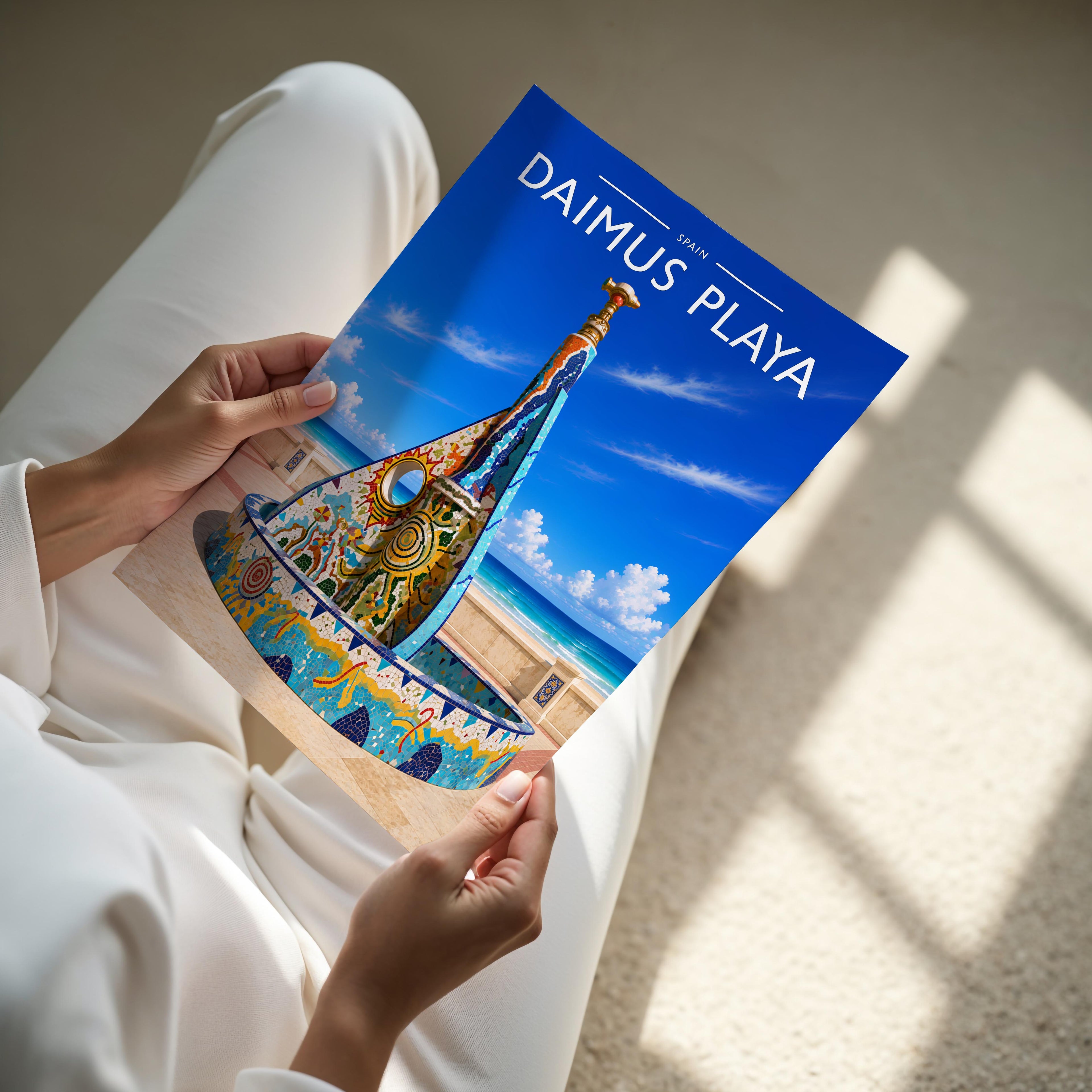 Daimus Playa Travel Poster - A4 print held in hand