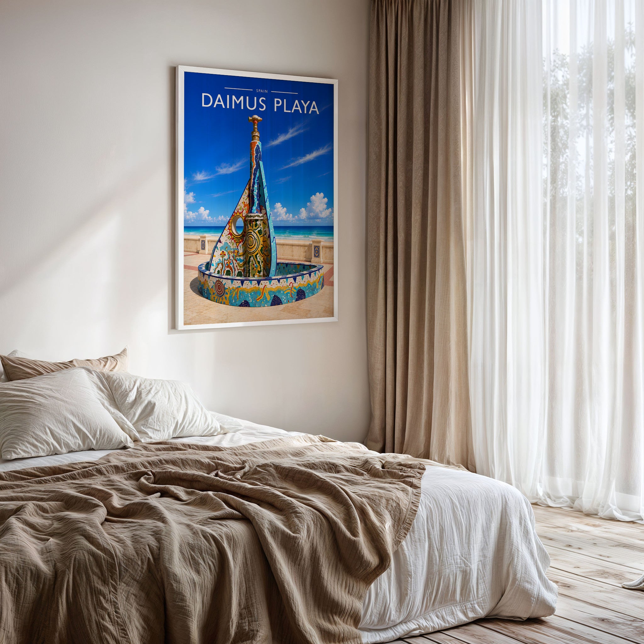 Daimus Playa Travel Poster framed on a bedroom wall