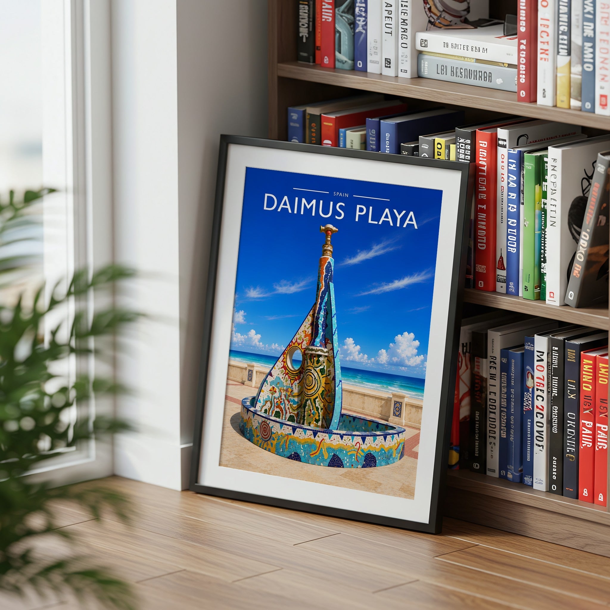 Daimus Playa Travel Poster mounted in a black frame