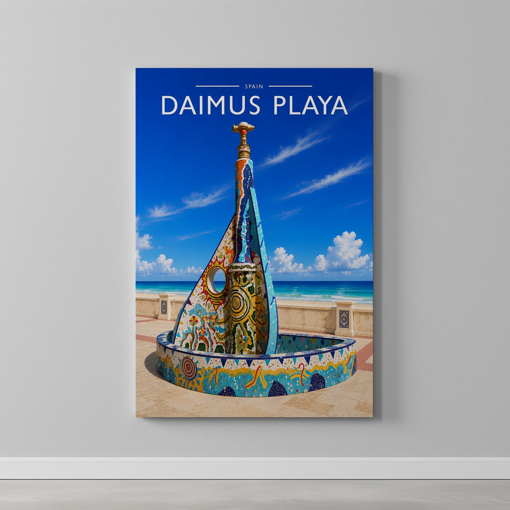 Daimus Playa Travel Poster as a gallery-wrapped canvas on a plain wall