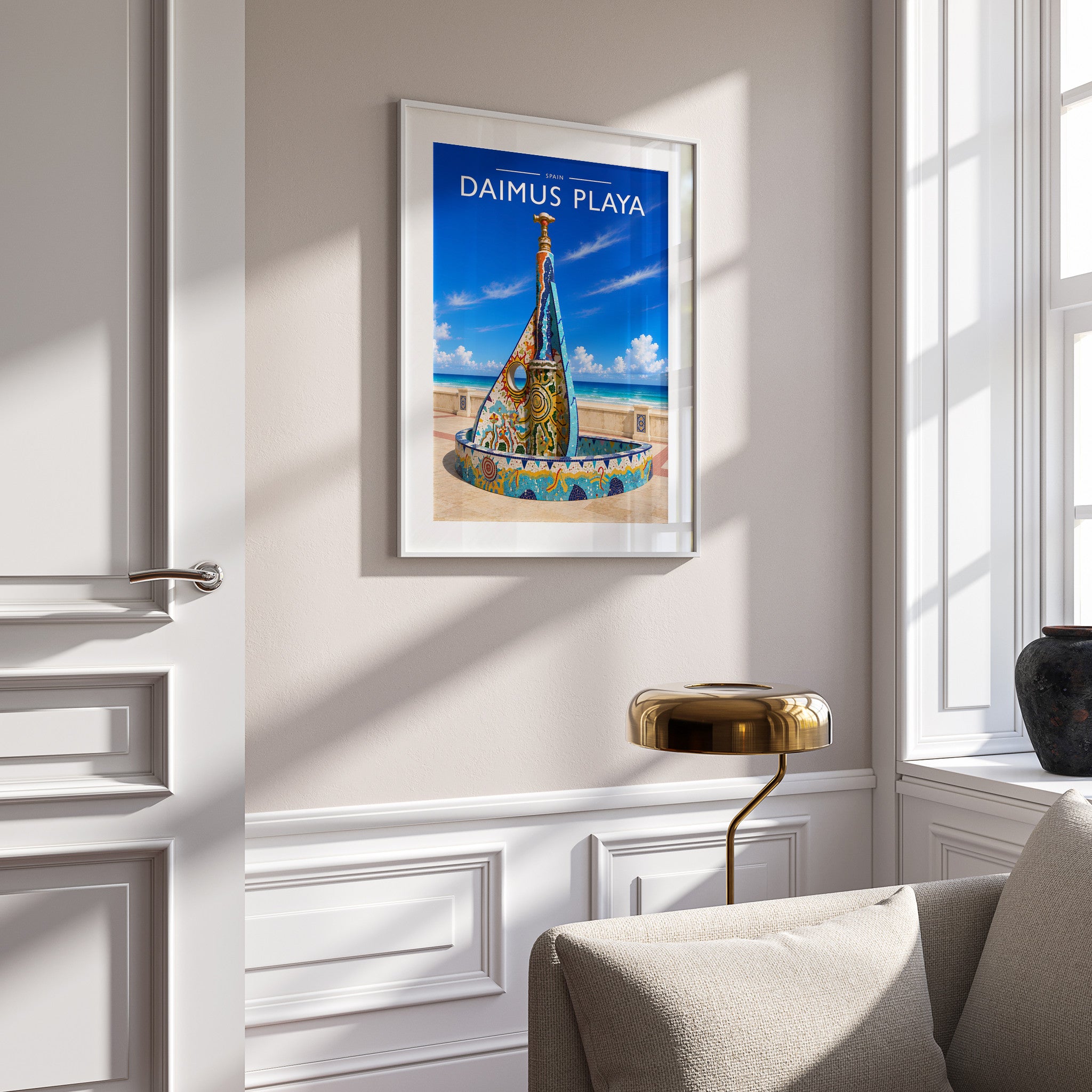 Daimus Playa Travel Poster in a white frame on a panelled wall