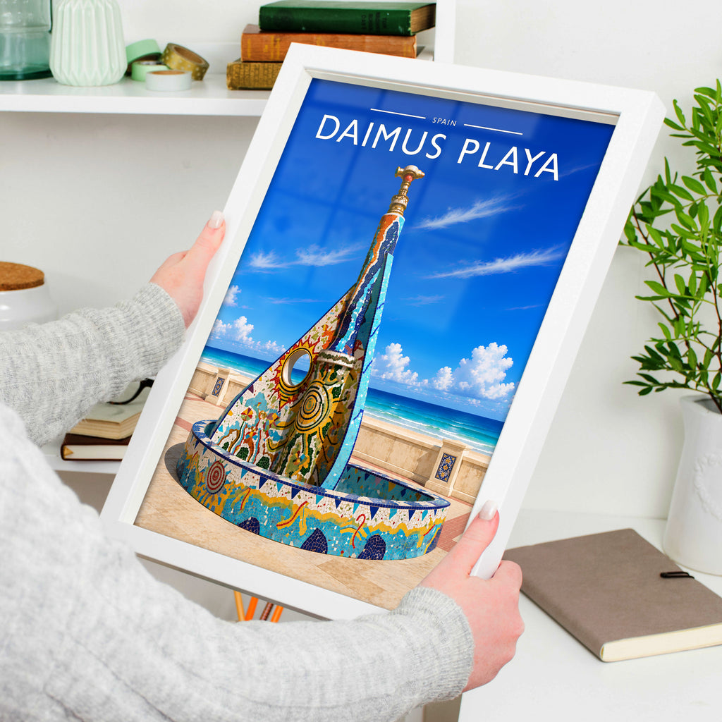 Daimus Playa Travel Poster in a white frame, held to show scale