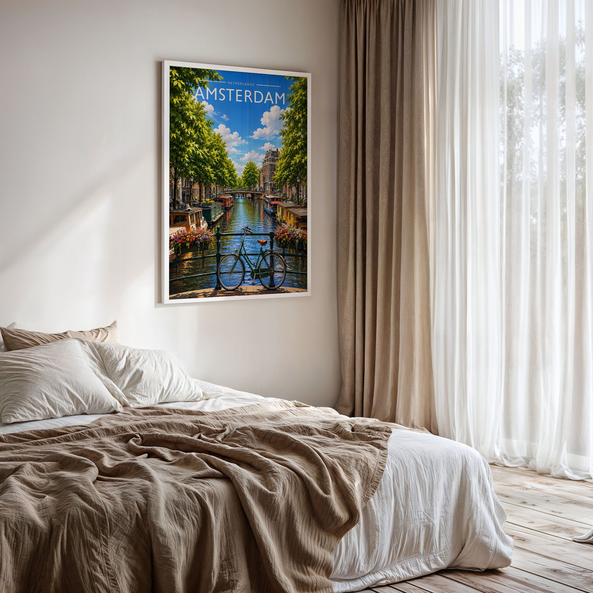 Amsterdam #3 Travel Poster framed on a bedroom wall