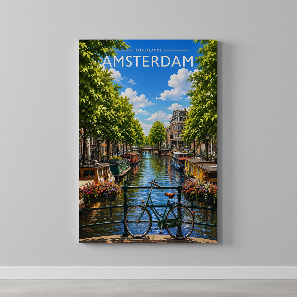 Amsterdam #3 Travel Poster as a gallery-wrapped canvas on a plain wall