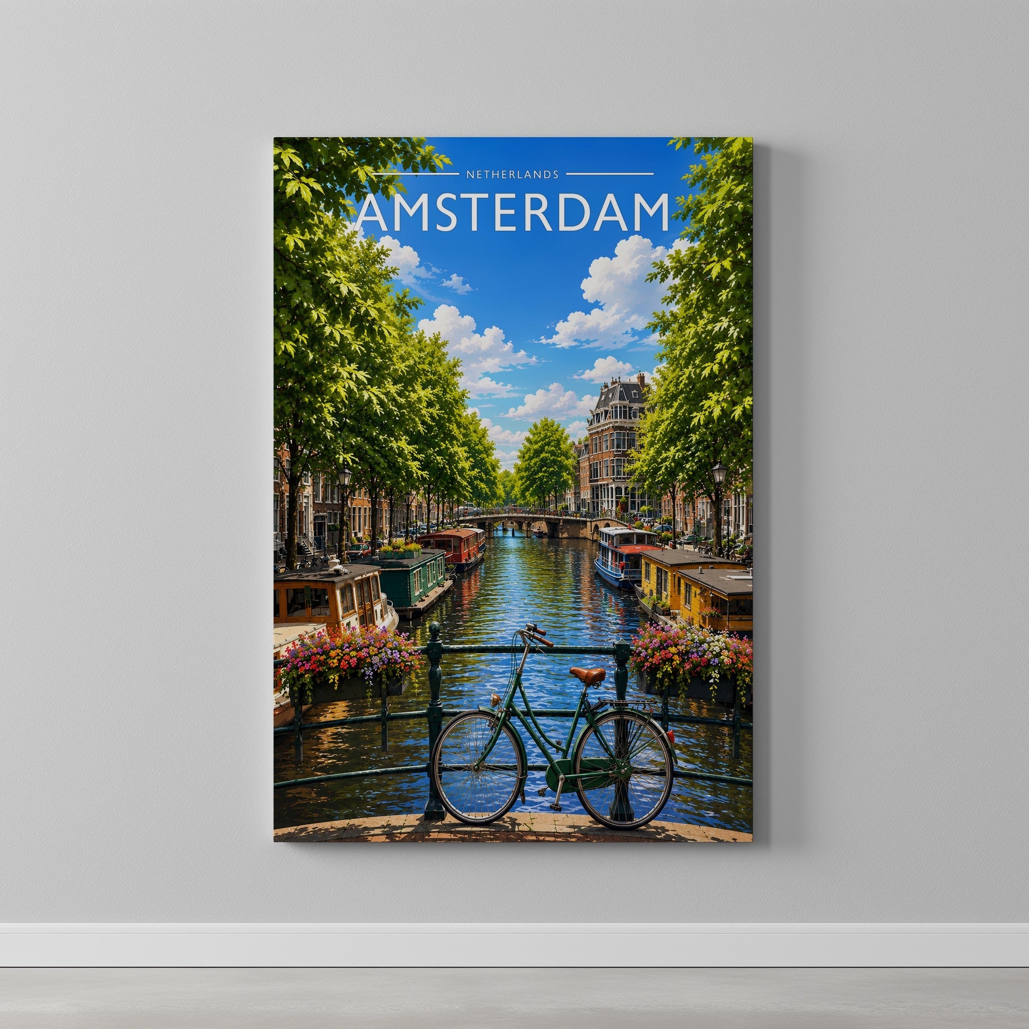 Amsterdam #3 Travel Poster as a gallery-wrapped canvas on a plain wall
