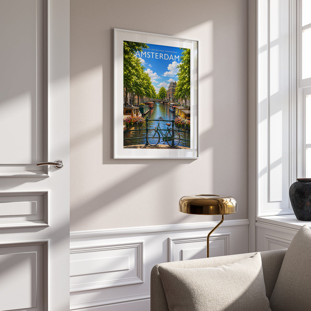 Amsterdam #3 Travel Poster in a white frame on a panelled wall