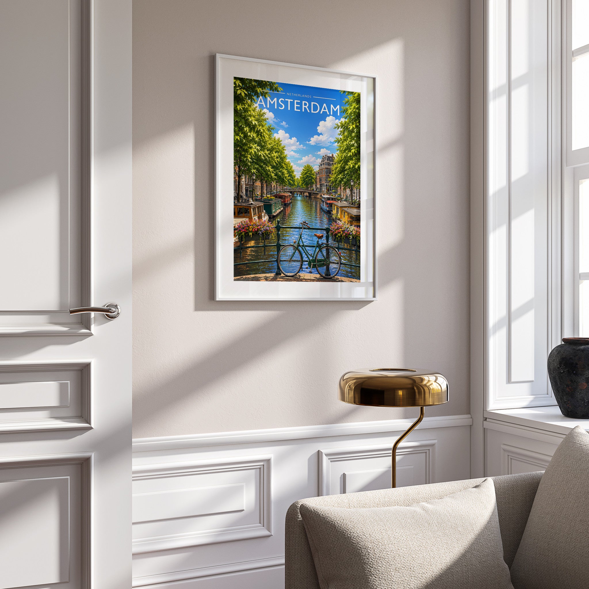 Amsterdam #3 Travel Poster in a white frame on a panelled wall