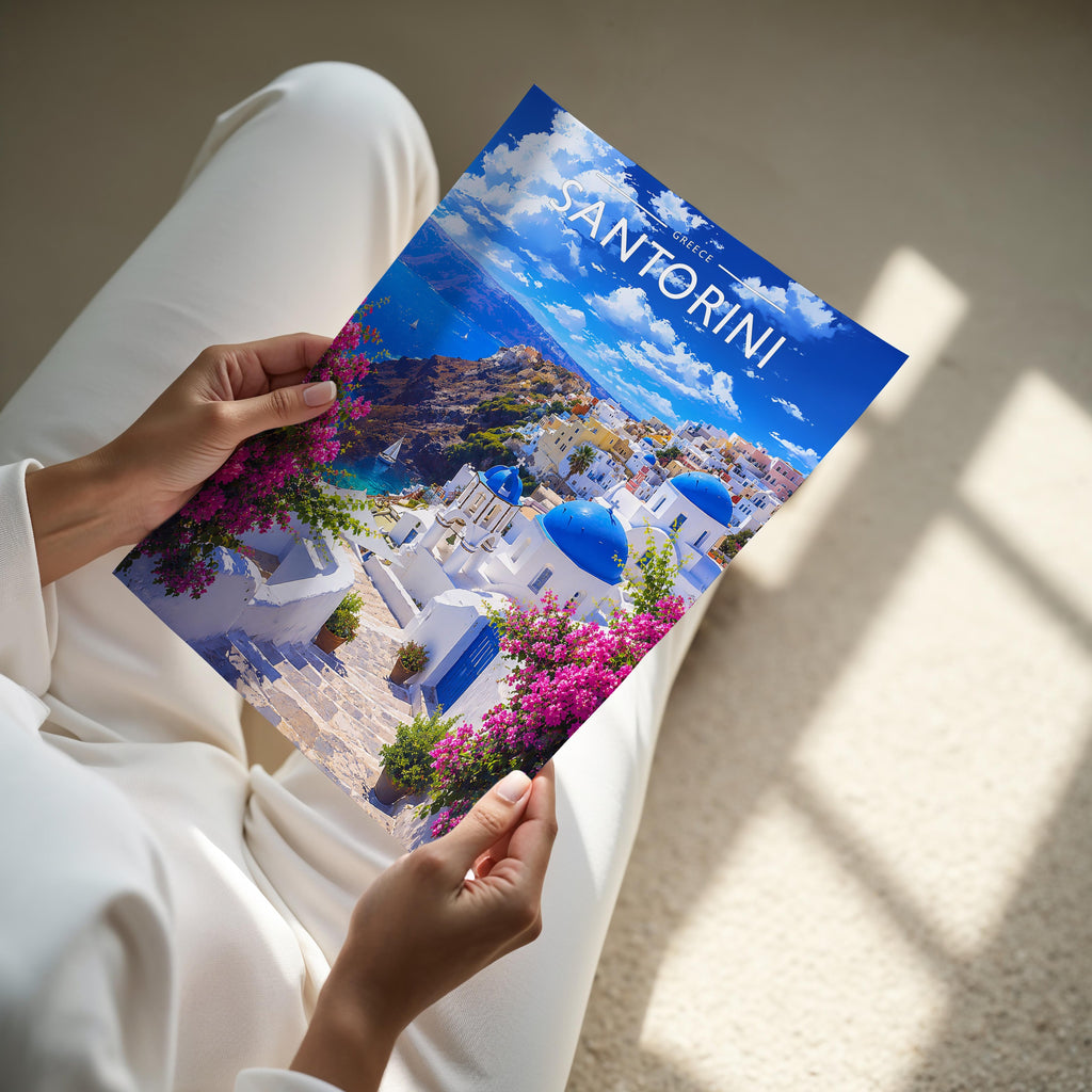 Santorini Travel Poster - A4 print held in hand
