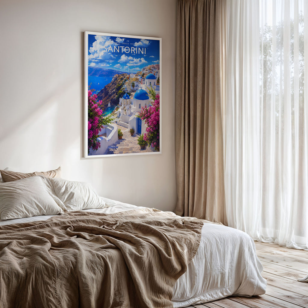 Santorini Travel Poster framed on a bedroom wall
