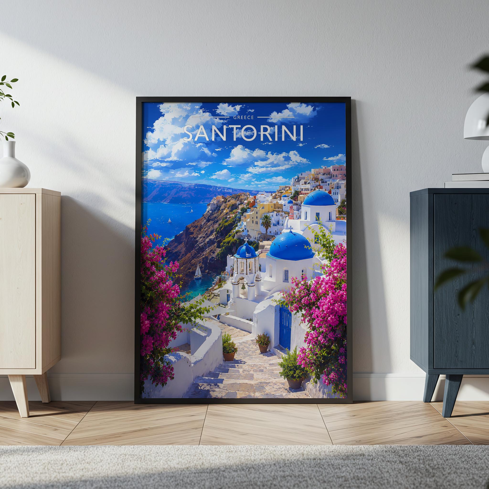 Santorini Travel Poster in a black frame