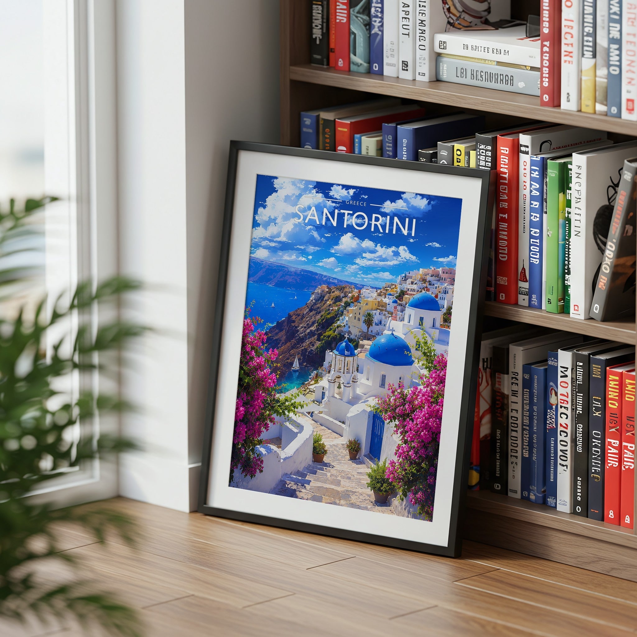 Santorini Travel Poster mounted in a black frame